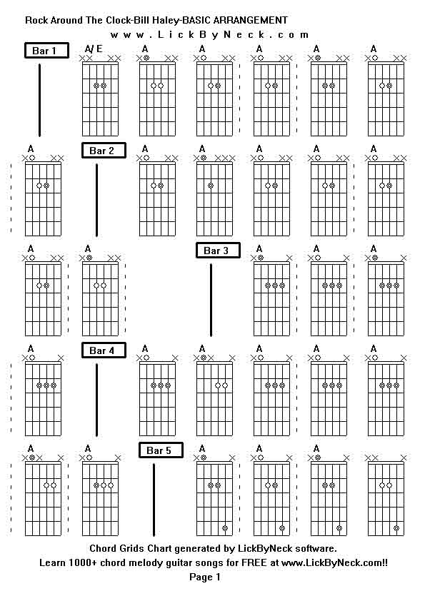 Chord Grids Chart of chord melody fingerstyle guitar song-Rock Around The Clock-Bill Haley-BASIC ARRANGEMENT,generated by LickByNeck software.